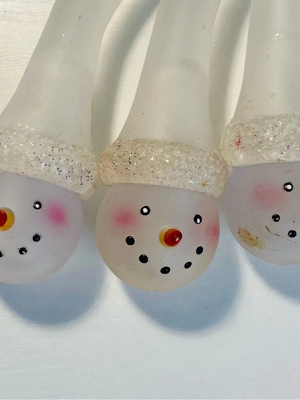 Vintage Solid Glass Snowman Icicle Ornaments Set of 6, Lampwork Art Glass Twist